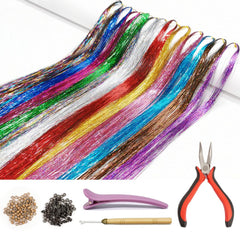 Hair Tinsel Kit with Tools and Instruction Easy to Use 1000 Strands 47 Inches Glitter Tinsel Hair Extensions for Women and Girls, Sparkling Shinny Fairy Hair Accessories for Christmas New Year Halloween Cosplay Party (Pink)