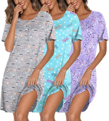 Ekouaer 3 Pack Nightgowns for Women Short Sleeve Sleepshirt Button Down Nightshirt Soft Pajamas Dress Casual Sleepwear