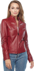 Women Slimfit Maroon Leather Jacket Motorcycle Genuine Sheepskin Leather Casual Jacket