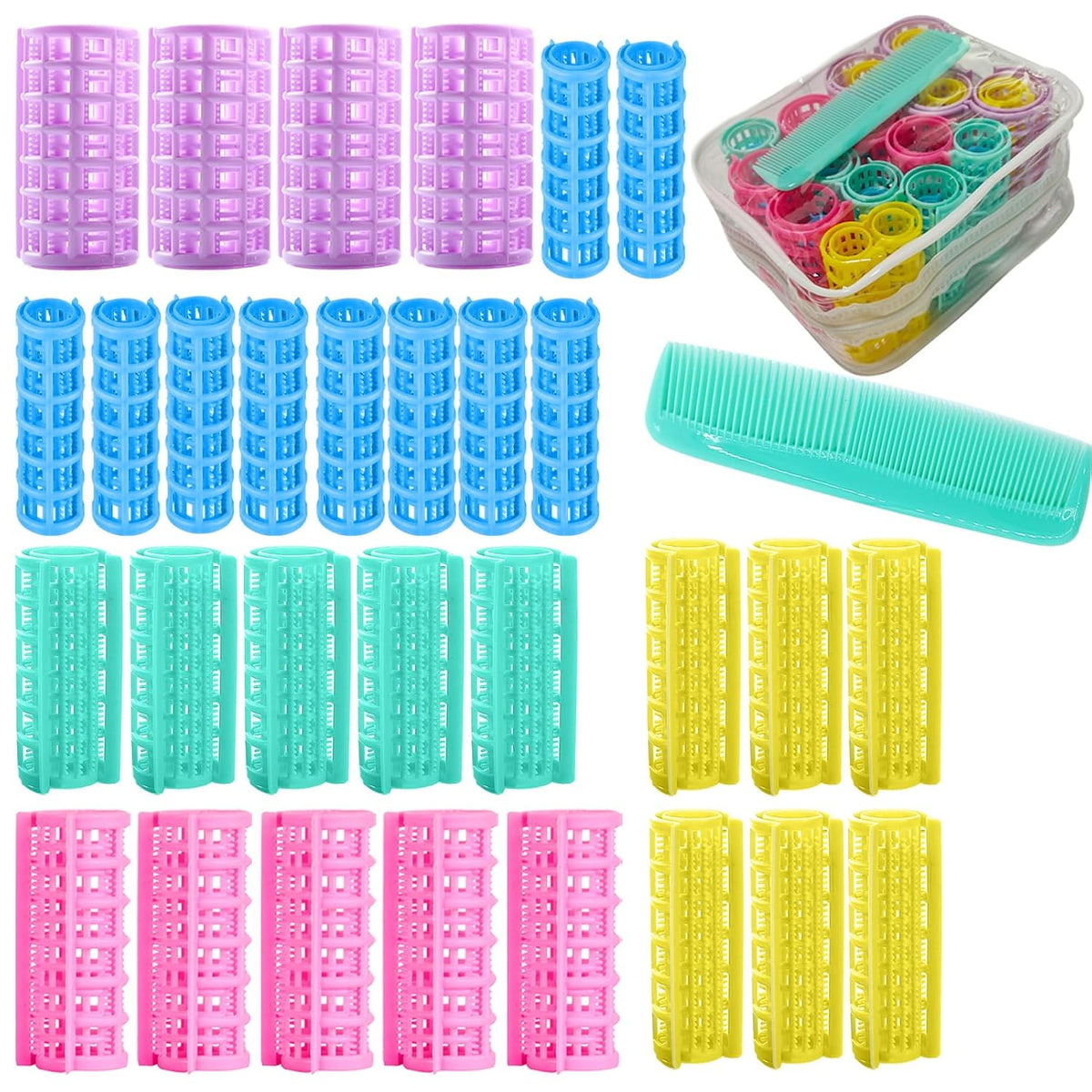 30Pcs Plastic Hair Curlers Rollers Set, Snap on Rollers Self Grip Hairdressing Curlers Hair Curlers No Heat Hair Rollers for Long Medium Short Thin Fine Hair with Mini Comb (5 Sizes)