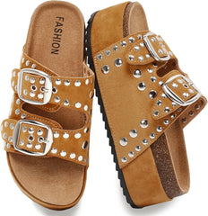 Women's Platform Sandals With Cork Footbed Adjustable Double Buckle Suede Chunky Sandals for Summer Shoes Fashion Thick Soled Mules Slides Beach Wide Widths Studded Sandals Walking Footwear