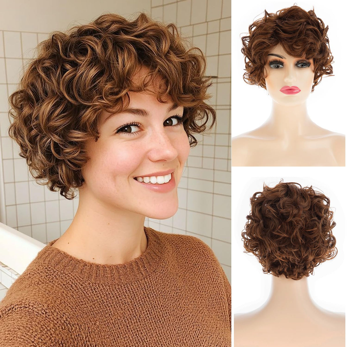Baruisi Short Fluffy Brown Wigs for Women Natural Looking Synthetic Curly Hair Wig with Bangs