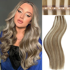 Twin Tab Butterfly Genius Weft Human Hair Extensions Latest Double Invisible Real 100% Remy Human Hair OVO Weft with Micro Bead Simulated Scalp Hair Extensions 100g 7ps 18 Inch Brown Highlight
