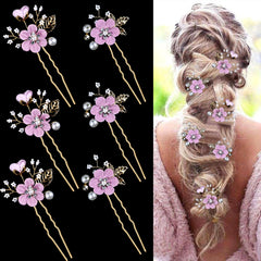 6 Pieces Bridal Flower Wedding Hair Pins Crystal Pearl Hair Pins Clips Headpiece Gold Wedding Hair Accessories Jewelry with Rhinestone for Brides Bridesmaids Women Girls Updo (Special Cream Blue)