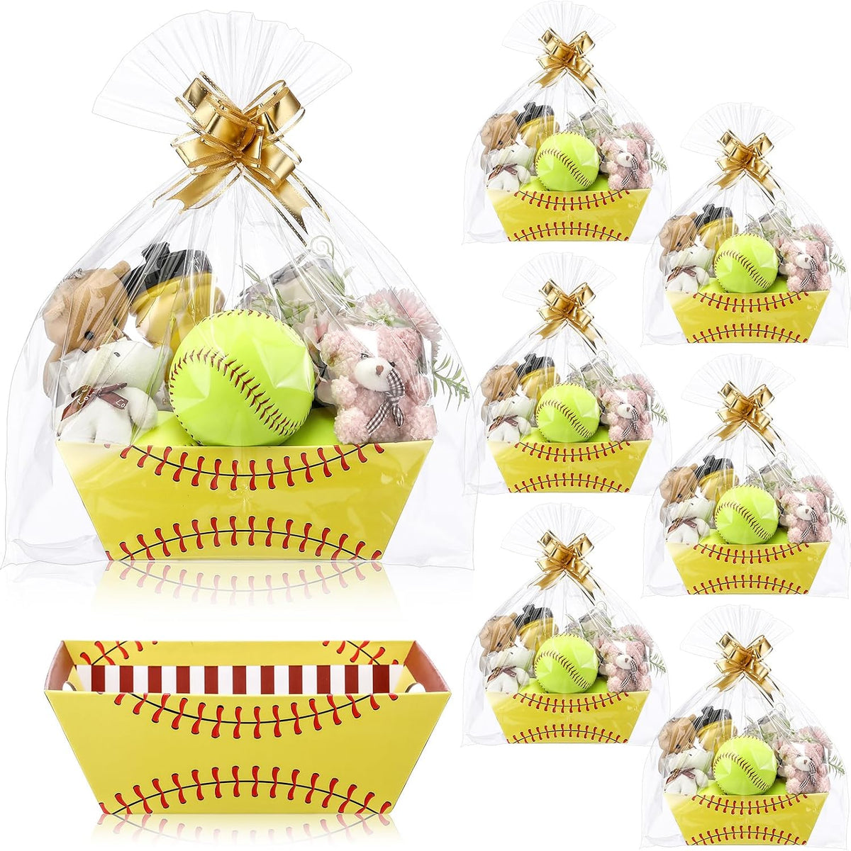 Kolldenn 12 Pack Softball Baskets for Gifts Empty Paper Gift Baskets with Cellophane Packaging Bags and Pull Bows Cardboard Softball Trays for Sports Party Favors Holiday Present Packaging 9.8x 6.5''