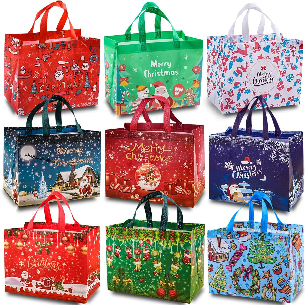 JWSCYSY 18Pcs Christmas Gift Bags, Reusable Non-Woven Tote Bags with Handles for Xmas Gifts Wrapping Holiday Party Supplies