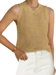 PRETTYGARDEN Summer Crochet Tank Tops for Women 2025 Casual Crewneck Hollow Out Loose Knit Sleeveless Sweater Vest Top Trendy