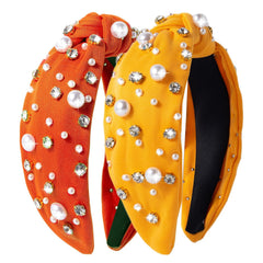2Pcs Fall Headbands for Women, Thanksgiving Day Solid Color Rhinestones Holiday Knot Hair Hoops, Autumn Festive Pearl Hair Accessory Gift(Orange&Yellow)