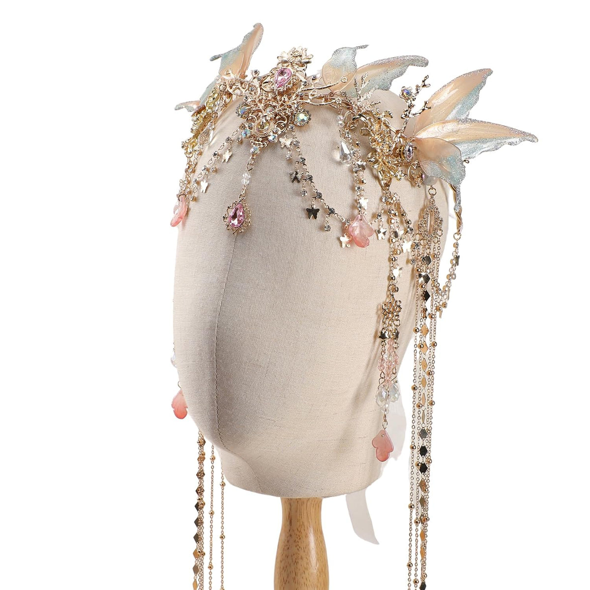 Renaissance Butterfly Elf Fairy Crown - Fairy Headband with Pink Butterfly Wings Elf Headpiece with Tassel Elven Tiara Wedding Renfaire Dress Up Cosplay Christmas Accessories for Women