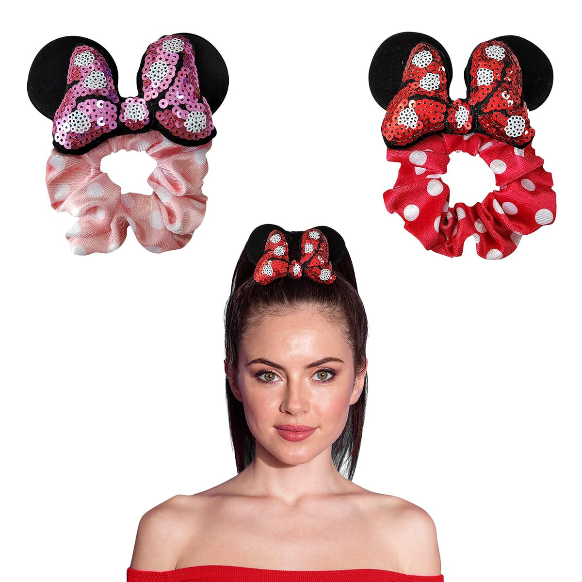 Styla Hair 2pk Mouse Ear Scrunchies for Kids Velvet Hair Bow Scrunchies for Women - Sparkle Sequins Mouse Hair Bands for Pony Tail (Red Black)