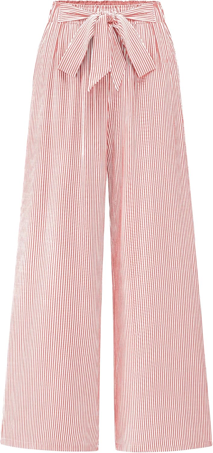 BTFBM Palazzo Pants for Women 2025 Fall Striped Flowy Tie Knot Wide Leg High Waist Dressy Casual Work Pants Trousers