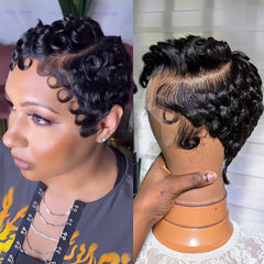 PangDongLai Pixie Cut Lace Front Human Hair Wigs 13x4x1 Lace Frontal Wigs Chic Elegent Short Curly Wigs Pixie Cut Curly Wig For Black Women 150% Density Natural Black Color