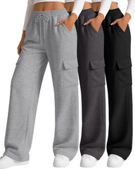 Neer 3 Pack Women's Cargo Sweatpants Wide Leg Baggy Elastic Drawstring Pants Casual Cotton Athletic Joggers with 4 Pockets