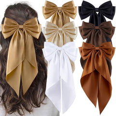 6Pcs Large Bows Hair Clips for Women Girls Long Tail Hair Ribbon Silky Satin Barrettes Coquette Bows Accessories (Black/Pink/Red/White)