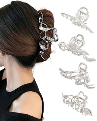 HAIMEIKANG 4 PCs Metal Hair Claw Clips - Irregular Large Clips for Women, Non-Slip Styling Accessories for Thick and Thin Hair (Silver)