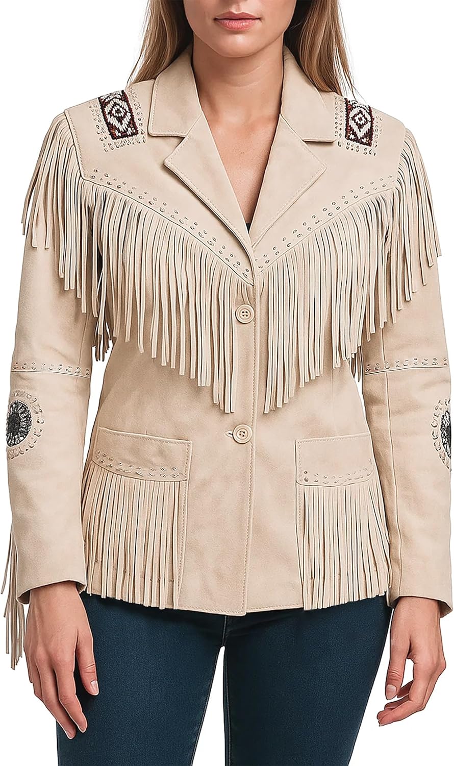 LP-FACON Womens Native American Indians Western Wear Cowgirl Fringe Cream Leather Jacket Coat