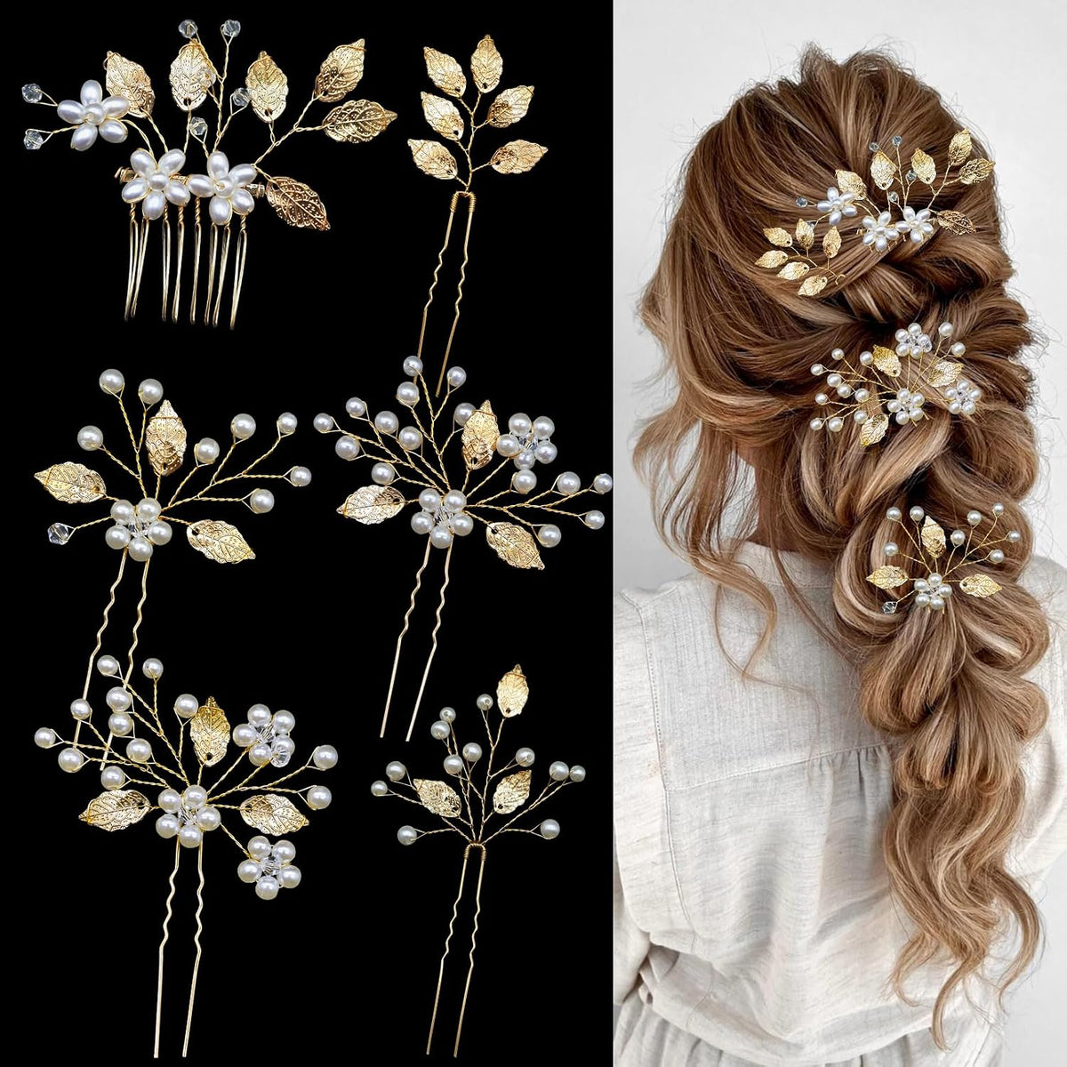6 Pieces Bridal Wedding Hair Pins Gold Leaf Hair Pins Clips Crystal Pearl Flower Headpiece Vintage Wedding Hair Accessories for Brides Bridesmaids Women Girls