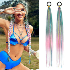 26 Inch Hair Tinsel Colored Braided Ponytail Extension 2 Pack Blue Pink Gradient Hair Extensions Ponytail with Elastic Tie Straight Sleek Wrap Around Hair Extensions for Braids