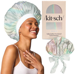 Kitsch XL Satin Bonnet for Sleeping - Softer Than Silk Hair Bonnet for Women - Secure Fit, Adjustable Night Cap for Curly & Textured Hair - Prevents Breakage, Tangles & Thinning- Haze Blue