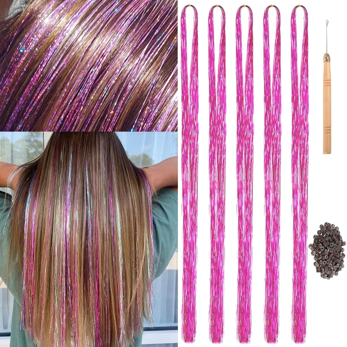 47" Holographic Hair Tinsel Kit Shining Silver Professional Sparkle Heat-Resistant Silk Hairpieces, Hair Accessories for Girls, Party Hair, Gifts for Girls (1000 Strands, Shining Silver)