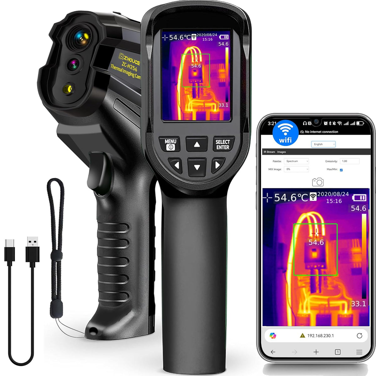 Handheld Thermal Imaging Camera, 160×120 Infrared Resolution, -4°F to 1022°F, 25Hz Infrared Camera, PC Analysis, 50° FOV, Image Fusion, for Construction/Thermal Mercury/Circuit Breakers (ZC-H160)