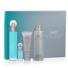 Perry Ellis 360° for Men 4-Piece Gift Set - 3.4 fl oz Eau de Toilette, 3 oz Shower Gel, 6 oz Body Spray, .25 fl oz EDT Mini Travel Spray - fresh, aquatic, woody