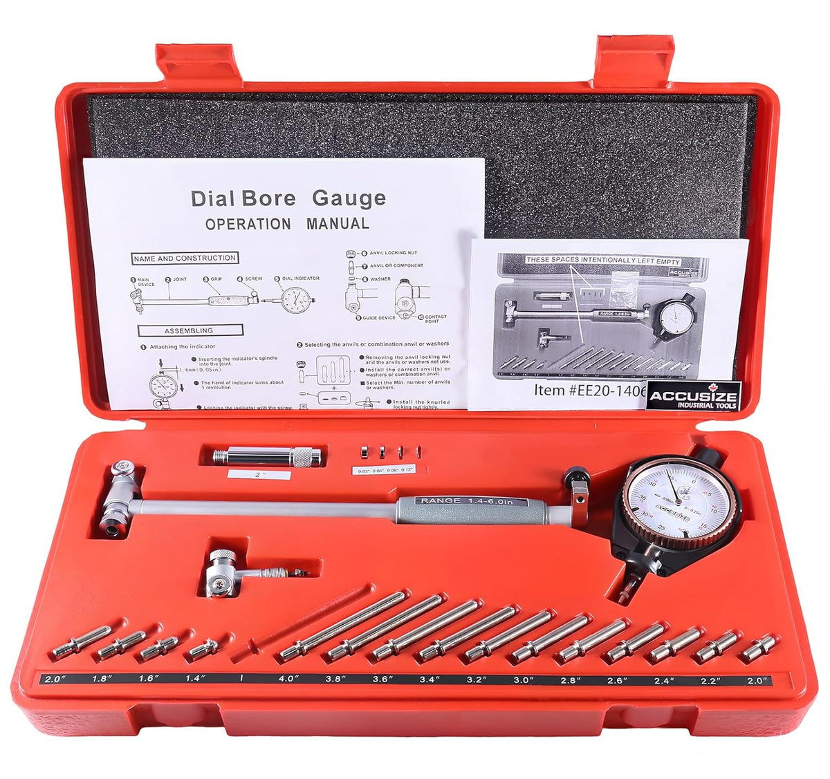 Accusize Industrial Tools Dial Bore Gauge Set, 1.4-6 inch Measuring Range, 0.0001'' Graduation Interval, EE20-2416