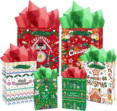 qiqee Clash Flowers Gift Bags with Tissue Paper Mulit Assorted Sizes 10PCS Present Party Favor Birthday Bags(2pcs Large 13", 4pcs Medium 9", 4pcs Small 6"，30pcs Tissue Paper)