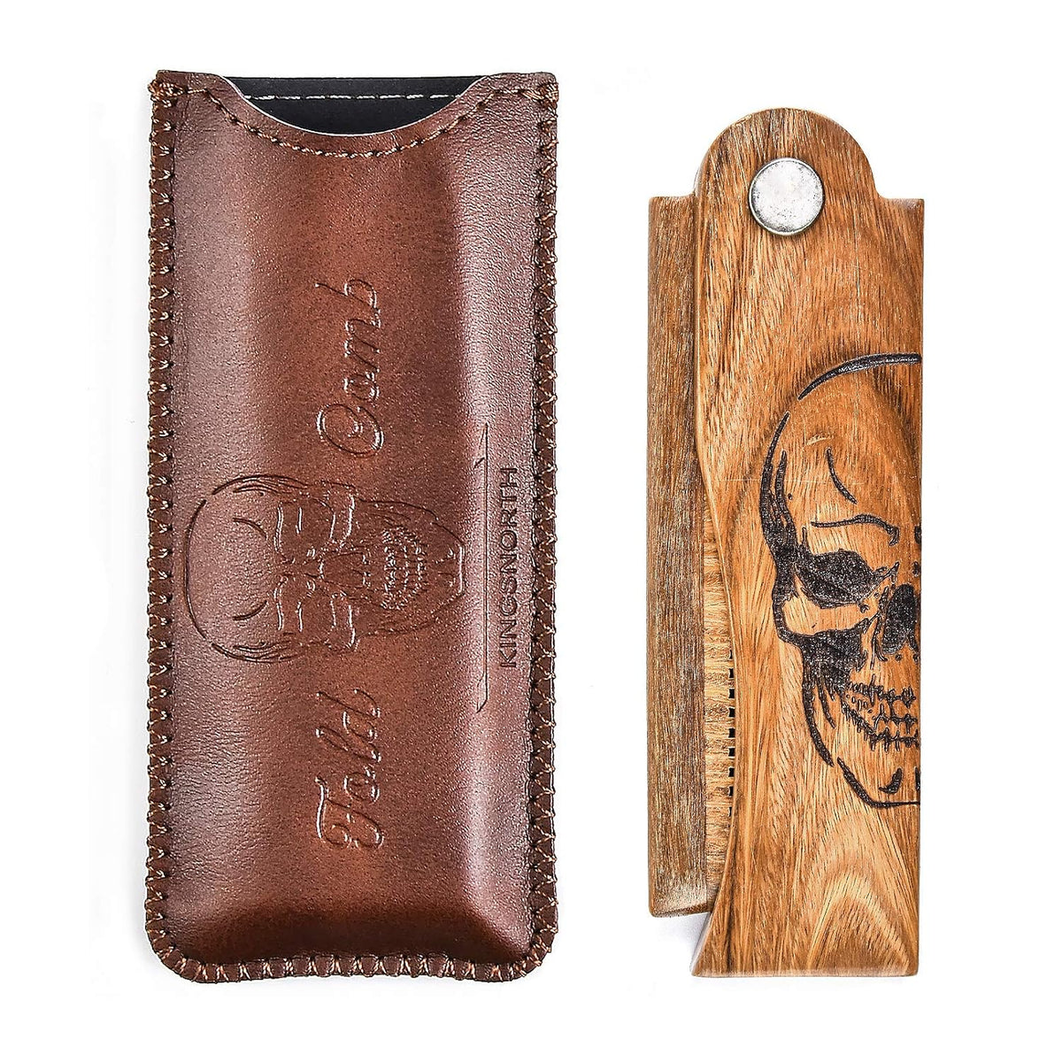 Men's Pocket Folding Wooden Beard Comb with Leather Travel Case,Green Sandalwood Hair Combs Set for Men (Skeleton)