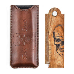 Men's Pocket Folding Wooden Beard Comb with Leather Travel Case,Green Sandalwood Hair Combs Set for Men (Skeleton)