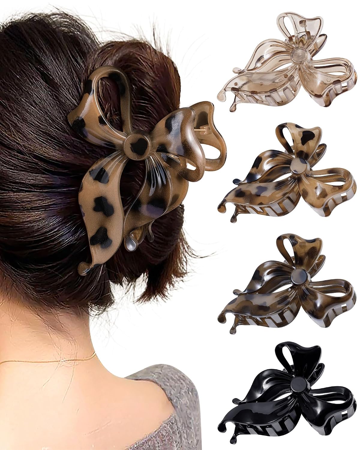 Mesovor 4 Pack Cute Bow Claw Clip for Women, Nonslip Large Matte Strong Hold Bows Hair Clips for Thin and Thick Hair | Chic Hair Styling Accessories (4.1" Black, Grey, Khaki, Brown)
