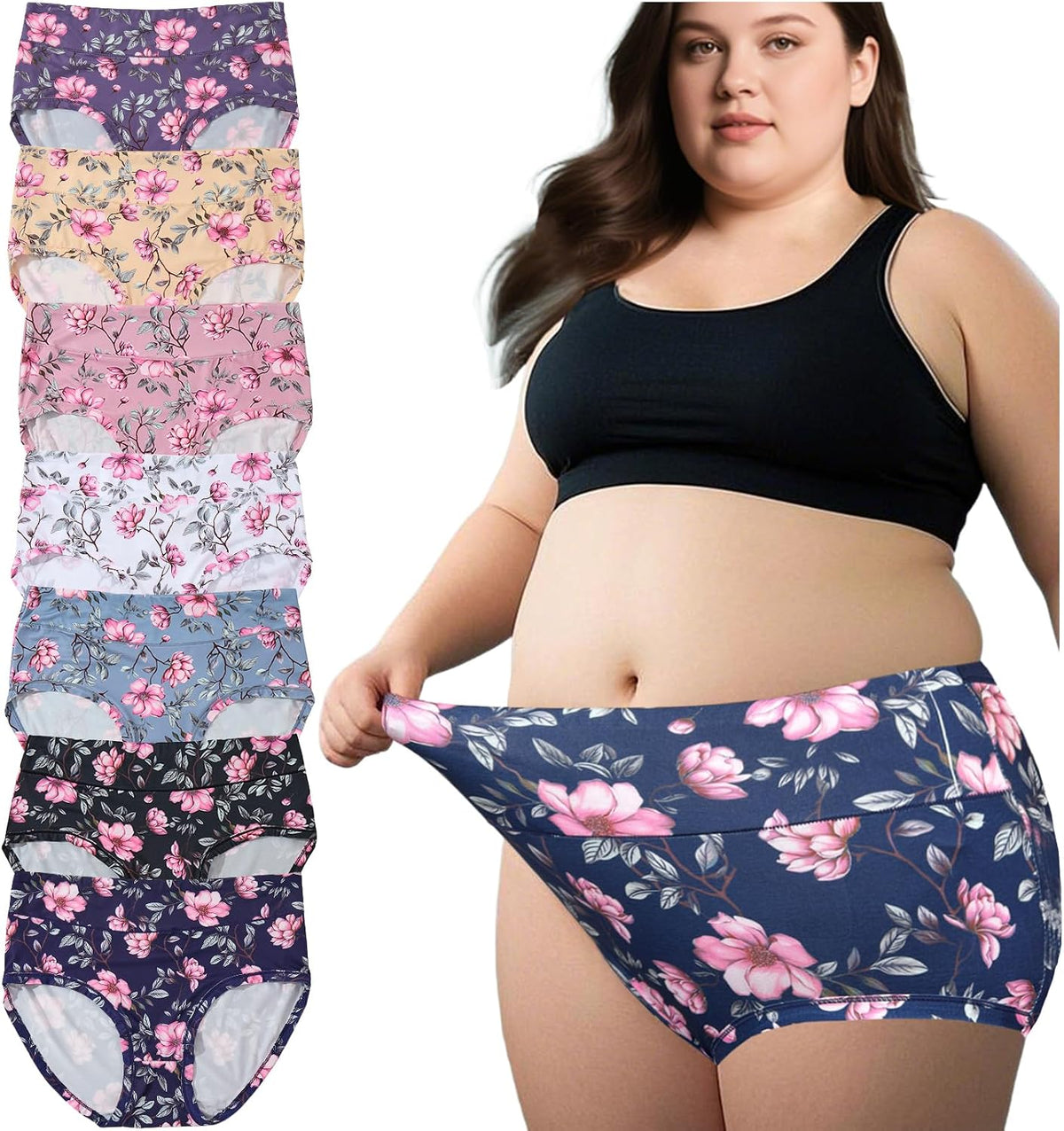 Women's Plus Size Underwear Floral Panties Briefs 7 Pack High Waist Panty Ladies Underwear for Women XL-5XL Undies