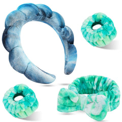 Puffy Spa Headband & Skincare Headbands for Women Makeup,Terry Cloth Towel Head Band for Skin Care,Sponge Make Up Hair Band for Girls,Face Wash Wristband Scrunchies Set 4 Pcs