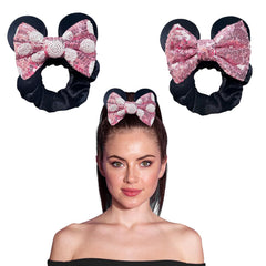 Styla Hair 2pk Mouse Ear Scrunchies for Kids Velvet Hair Bow Scrunchies for Women - Sparkle Sequins Mouse Hair Bands for Pony Tail (Red Black)