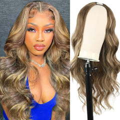 Black V Part Wig Body Wavy Wig Upgrade U Part Synthetic Wigs for Black Women Full Head Clip In Hair Glueless 24Inch Hair Replacement Synthetic Wigs (Black)