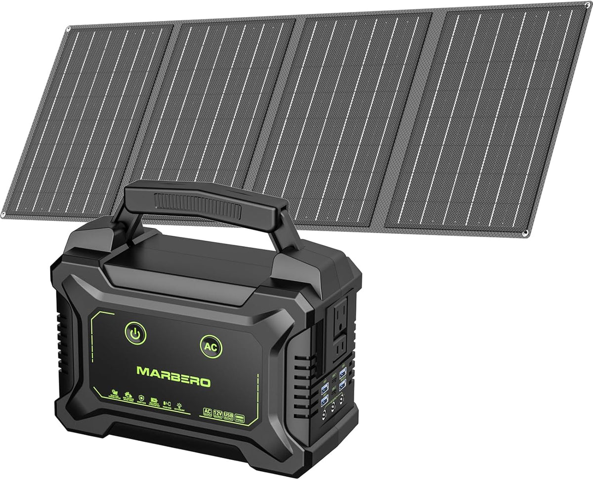 MARBERO Solar Generator 155Wh with 30W Solar Panel Portable Power Station with 2x 100W AC Outlets(Peak 150W), QC3.0 USB UL Certified for Home Blackout, Camping, RV Travel, Ultra-Light & Silent Fan