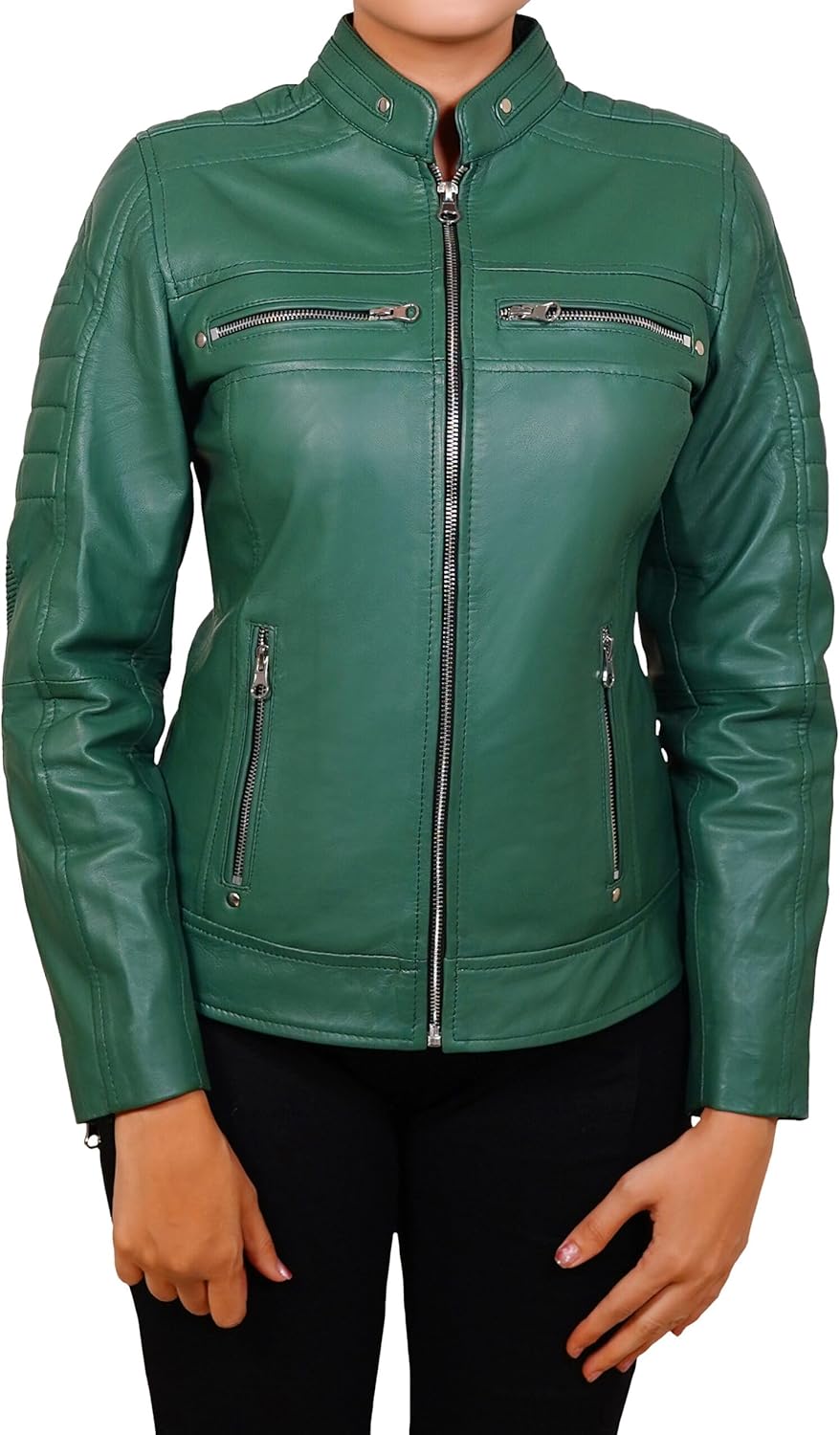Cafe Racer Leather Jacket Women - Real Lambskin Motorcycle Genuine Leather Jacket Women