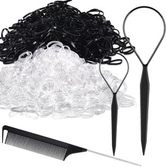 Topsy Tail Hair Tool Set by IKOCO - 400pcs Hair Bands, 2pcs Loop Styling Tools, Rat Tail Comb, (200pcs Each) Clear and Black Elastics