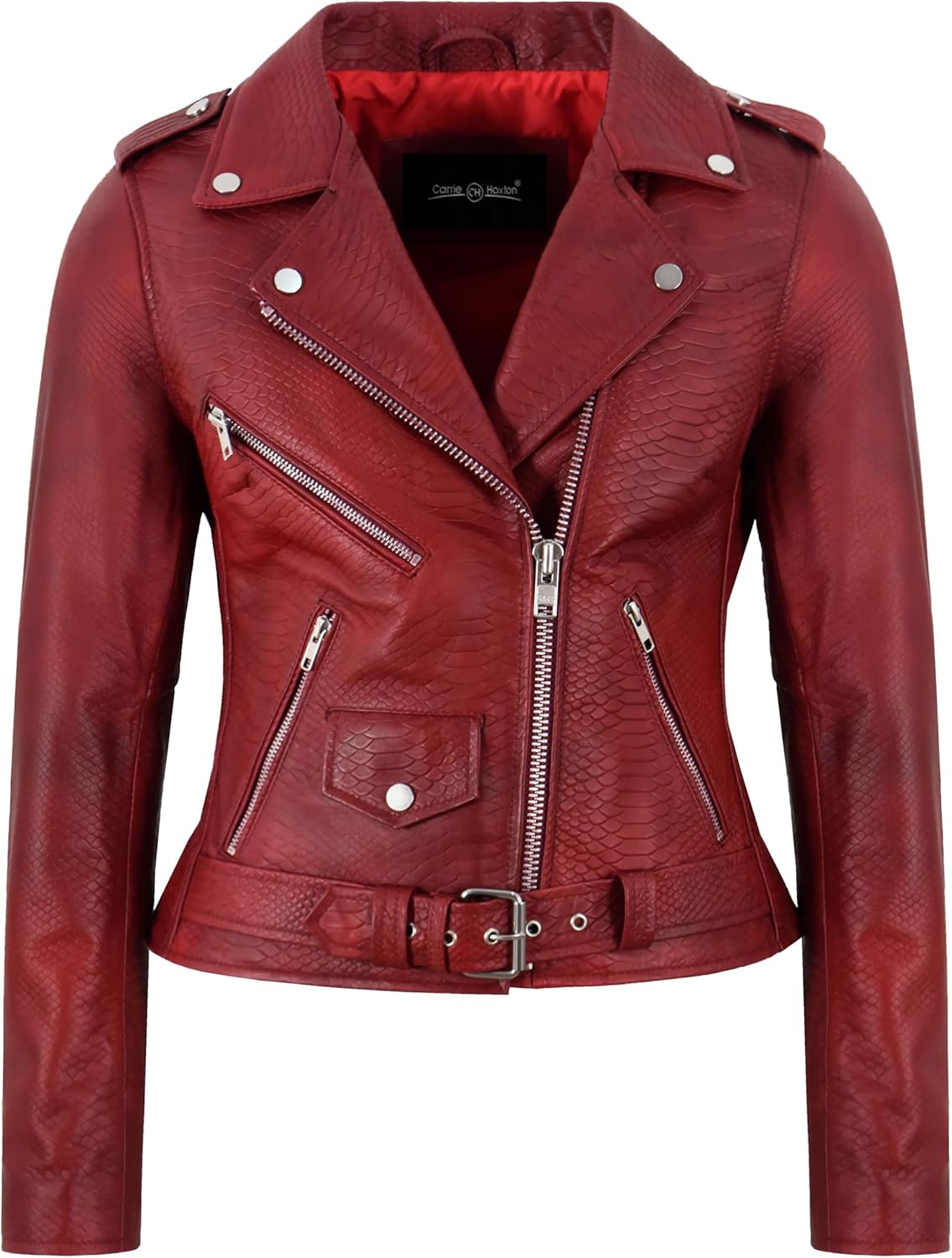 Women's Brando Style Red Waxed Snake Print Biker Lambskin Fashion Leather Jacket LDS MBF