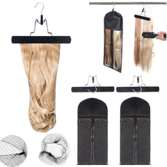 Extra Long Hair Extension Hanger Kit Double Side Anti-slip Hair Extension Holder with Long Portable Protection Suit Bag (Black)