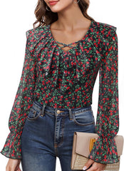 Lotusmile Women's Dressy Casual Ruffle Tops Double Layered Long Sleeve Shirts V Neck Blouses for Women Work Party