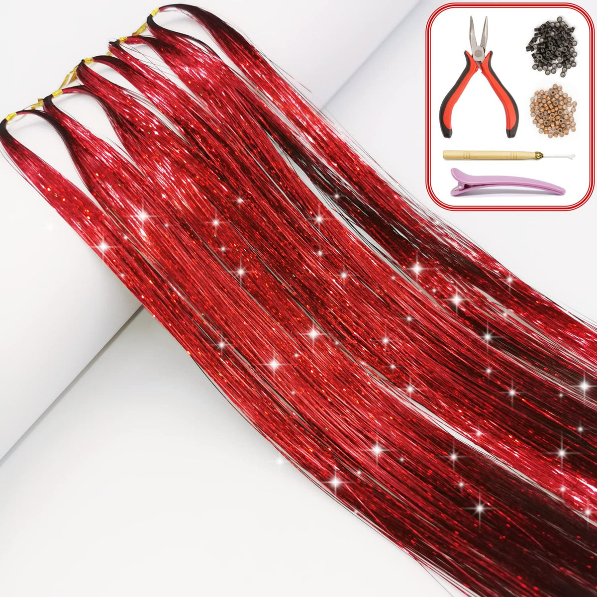 Hair Tinsel Kit with Tools and Instruction Easy to Use 1000 Strands 47 Inches Glitter Tinsel Hair Extensions for Women and Girls, Sparkling Shinny Fairy Hair Accessories for Christmas New Year Halloween Cosplay Party (Pink)