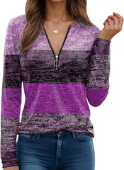 Women's Fall Quarter Zipper Striped Sweatshirts Long Sleeve Trendy Color Block Casual Tops Pullover