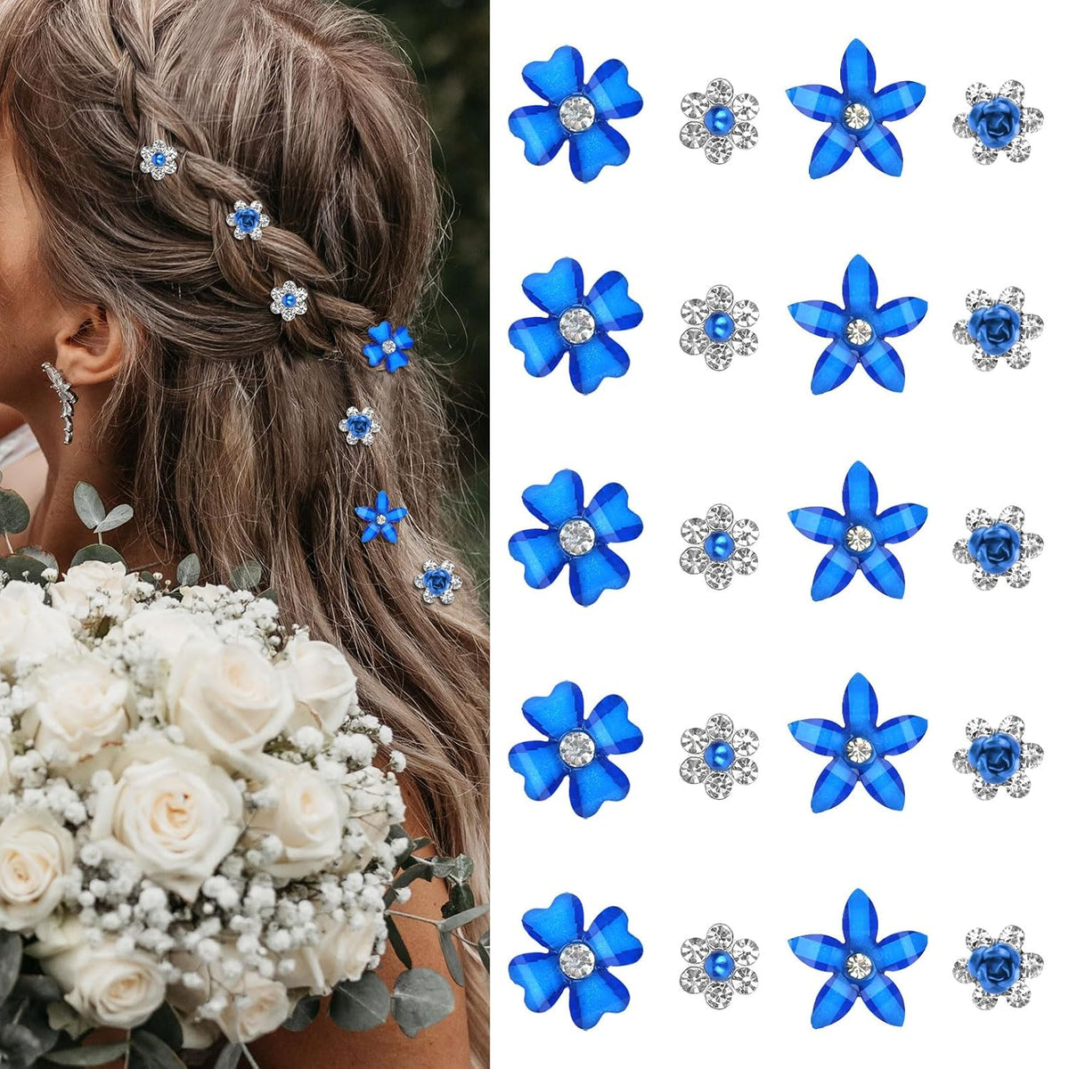 YISSION Mini Rhinestone Hair Pins - 20Pcs Cute Small Decorative Wedding & Bridal Barrettes With Flowers for Girls & Women (4 Flower Patterns)
