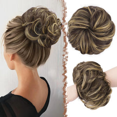 FESHFEN Messy Bun Hair Pieces - Large Wavy Curly Elastic Hair Bun Scrunchies Ponytail Extensions Synthetic Chignon Hairpieces for Women, Black Gray and White Tips 1.94oz