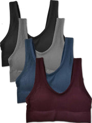 Kalon Women's 4 Pack Ribbed Bralette Crop Top Comfort Sports Bra