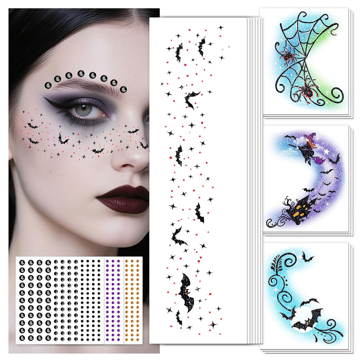 EMOME Halloween Decorations, Halloween Glitter Faux Freckles Face Tattoos with Black Orange Purple Face Gems, Halloween Rave Accessories Face Paint Makeup Kit for Women, Kids, Party Supplies
