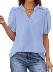 PRETTYGARDEN Womens Casual Summer Tops 2025 V Neck Short Puff Sleeve Pleated Cotton T Shirts Loose Dressy Blouses