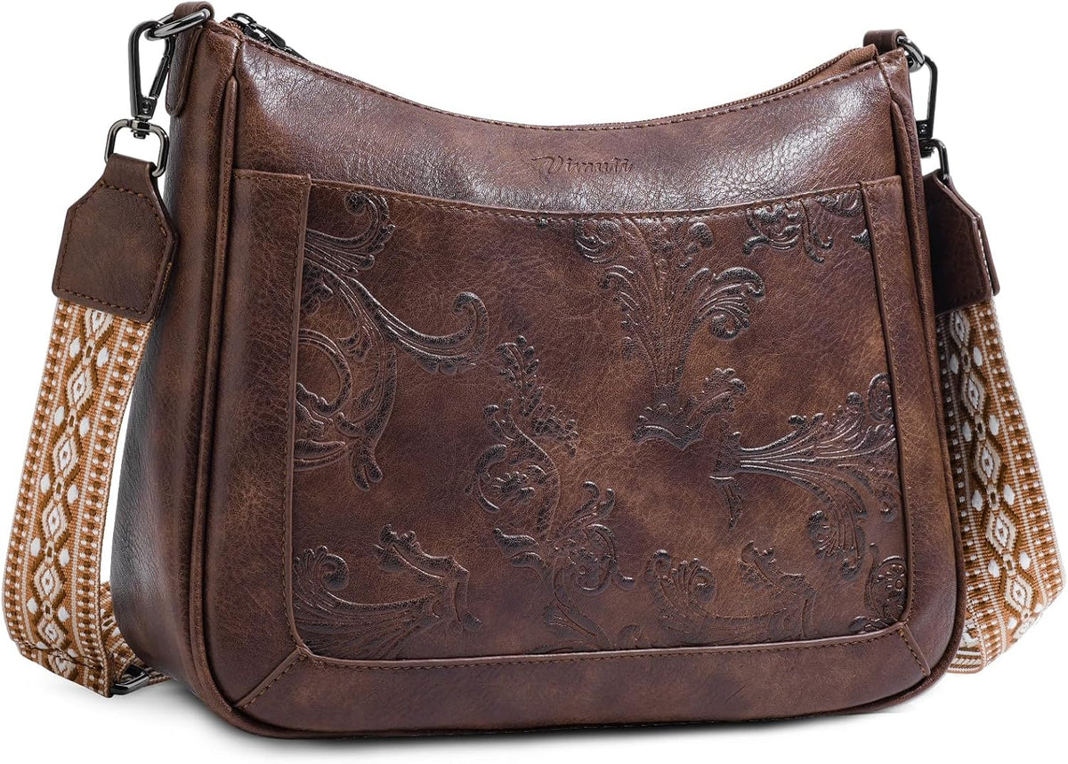Crossbody Bags for Women,Vegan Leather Crossbody Purse with Adjustable Strap Embossed Flower Women's Shoulder Handbags