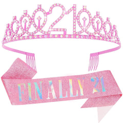 21st Birthday Crowns and Sashes for Women, Birthday Sash Princess Tiara Headband Elegant Rose Gold Crown with Combs for Girls Crystal Tiaras Birthday Headpieces for Party Hair Accessories Gifts